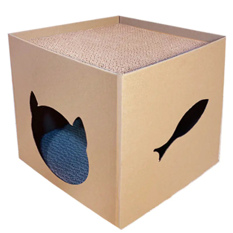 Rascador vertical para gatos con caseta de papel corrugado