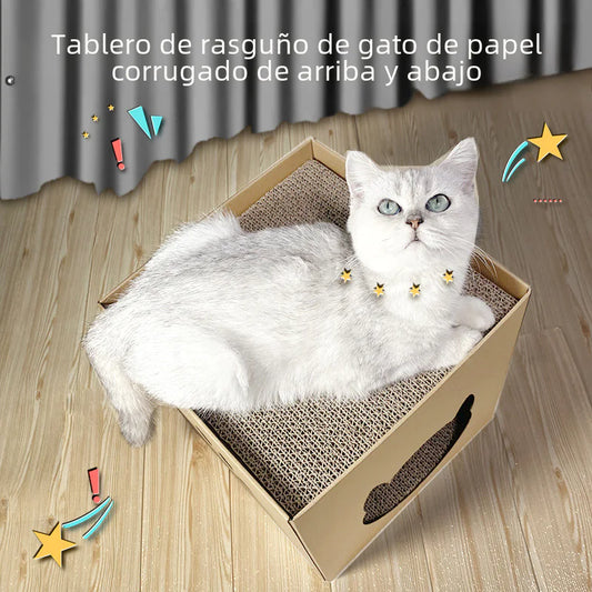 Rascador vertical para gatos con caseta de papel corrugado