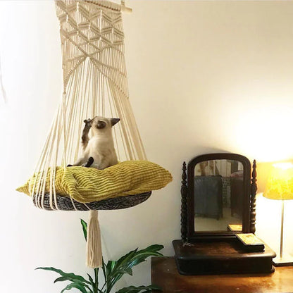 Cama Colgante para Gato estilo Bohemia con Diseño de Encaje Hecho a Mano