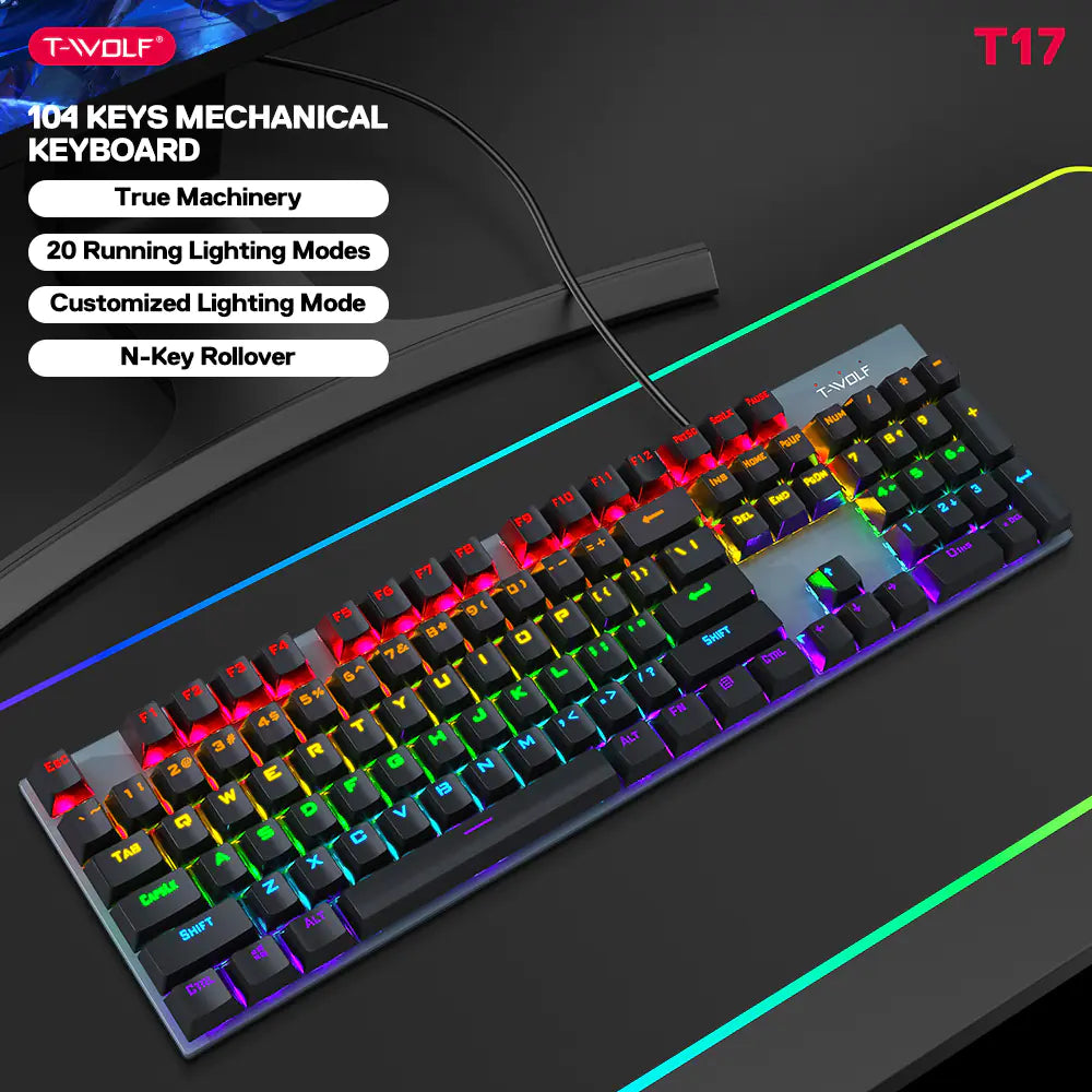 Teclado Mecánico T-WOLF Retro Punk Luminoso para Juegos con Cable