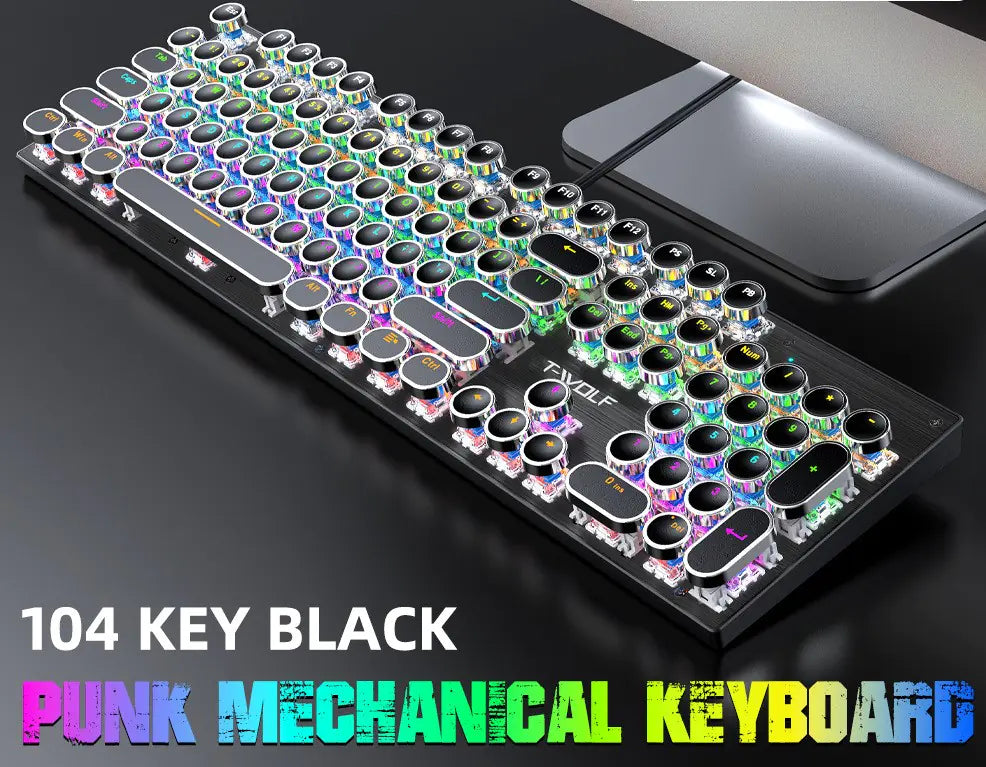 Teclado Mecánico T-WOLF Retro Punk Luminoso para Juegos con Cable