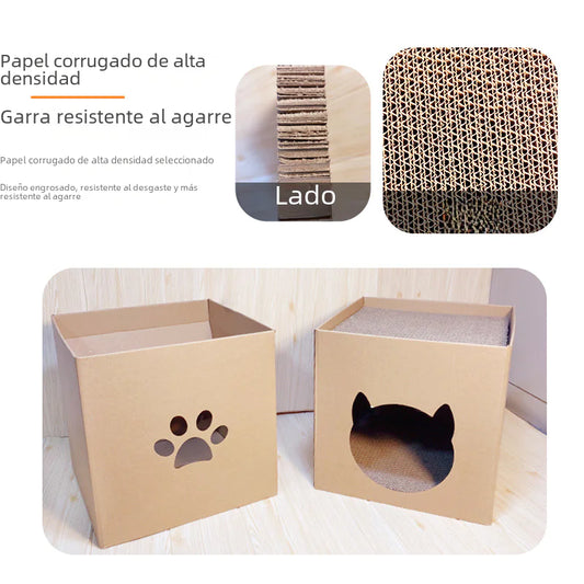 Rascador vertical para gatos con caseta de papel corrugado
