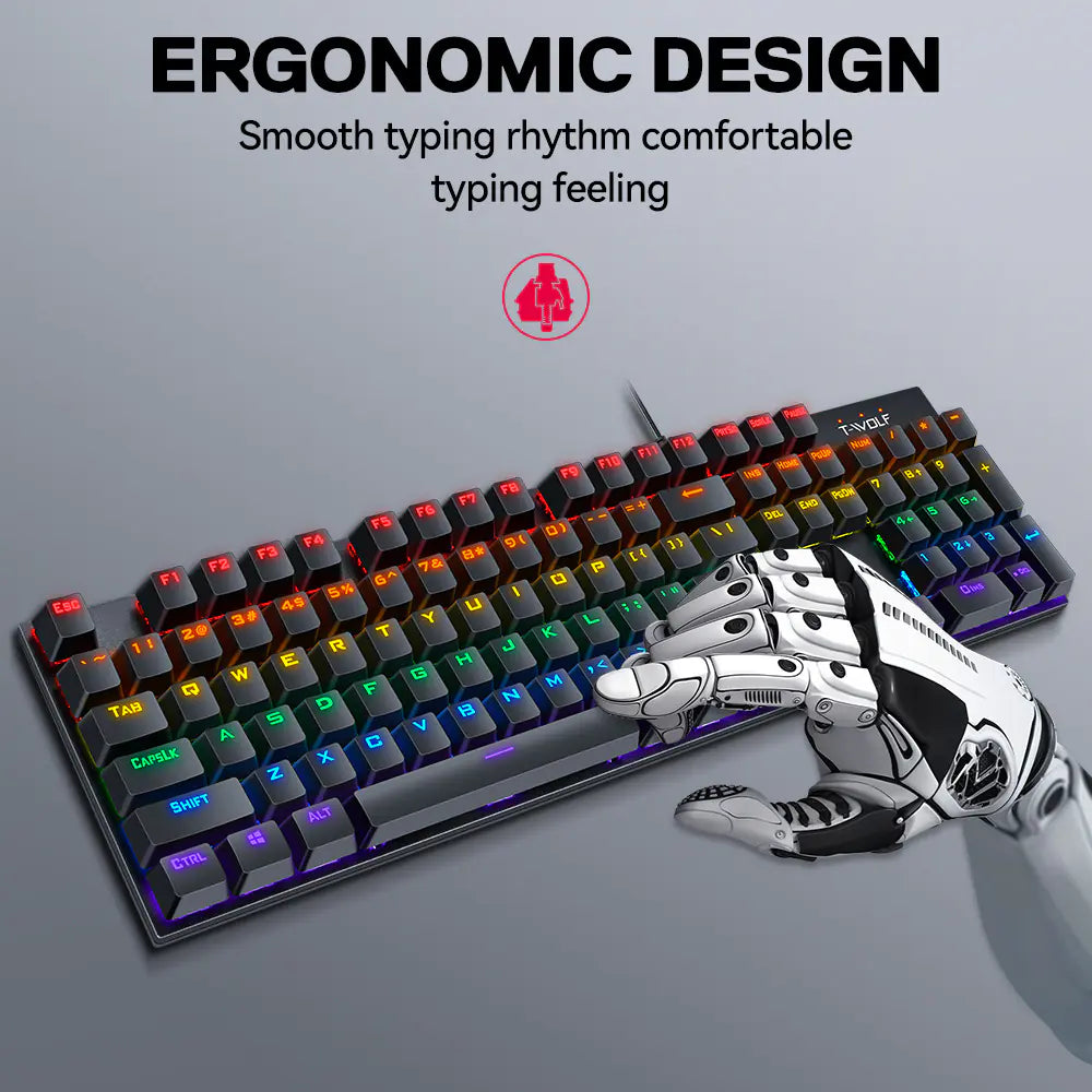 Teclado Mecánico T-WOLF Retro Punk Luminoso para Juegos con Cable