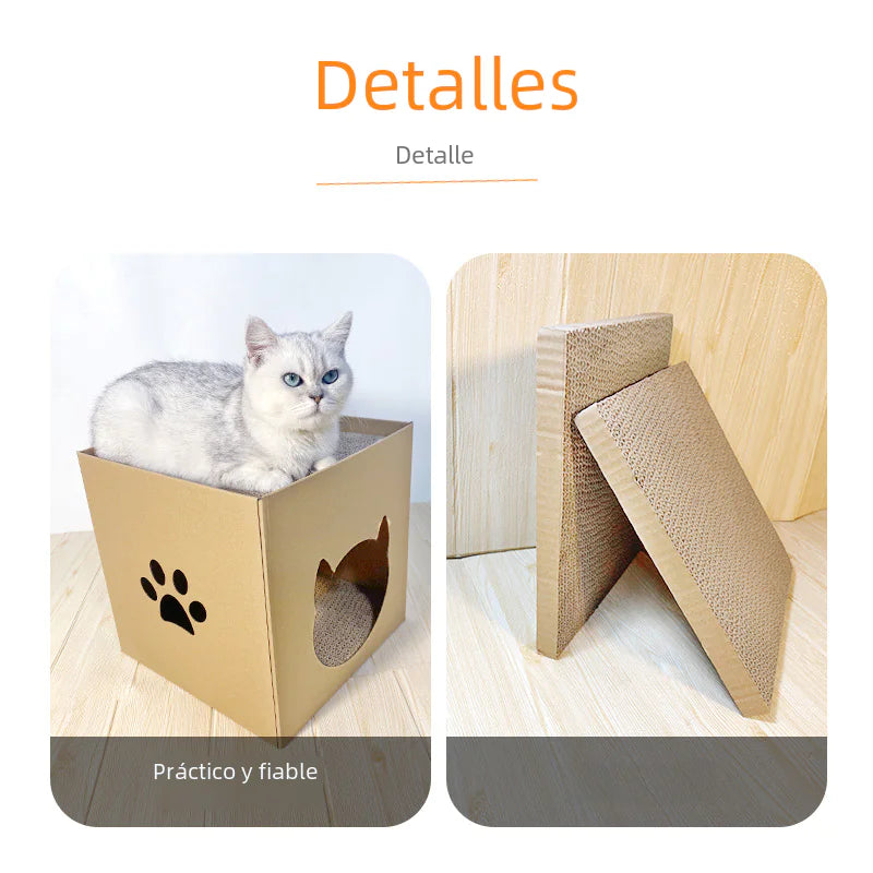 Rascador vertical para gatos con caseta de papel corrugado