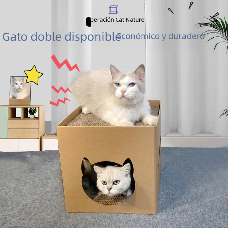 Rascador vertical para gatos con caseta de papel corrugado